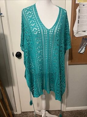 Turquoise Crochet V-Neck Swim Cover-Up Tunic